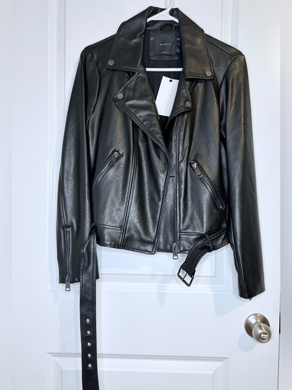 Elodie Black Faux Leather Moto Jacket with Belt
